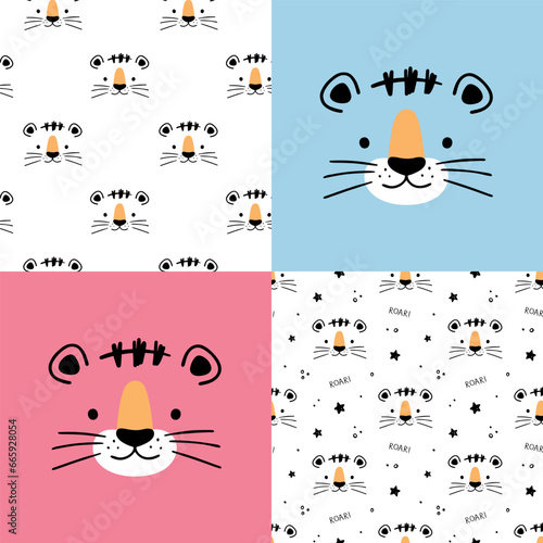 Set of Cute Little Tiger patterns. Hand drawn Little Tiger in doodle style for designing baby clothes. Cartoon Bohemian nursery print. Kids design texture. Vector illustration.