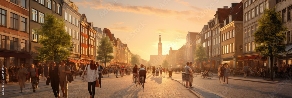 city streets of copenhagen at sunset