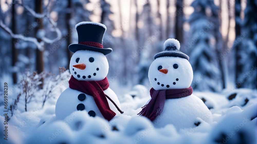 Obraz premium Two snowman in the forest covered in snow.