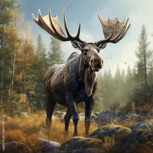 Majestic moose standing in a grassy field surrounded by tall trees  AI-generated.
