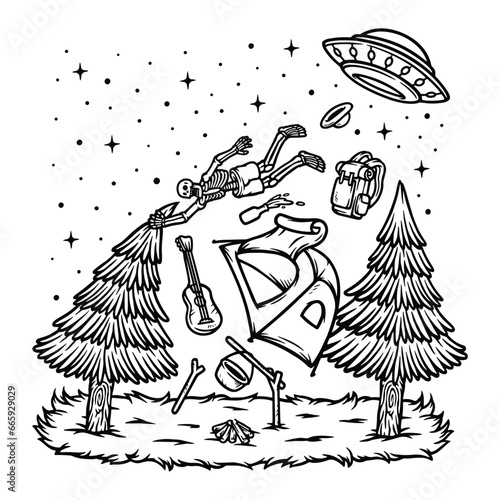 skull attacked by ufo while camping line illustration