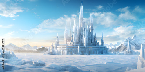 Fantasy landscape with fairytale castle and frozen lake. 3d render © wing