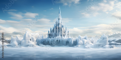 Fantasy landscape with fairytale castle and frozen lake. 3d render