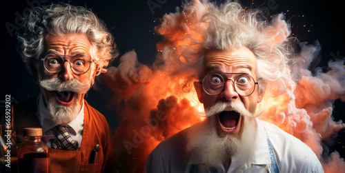 Portrait of two funny senior men with glasses and a beard in aprons on a black background. Generative AI