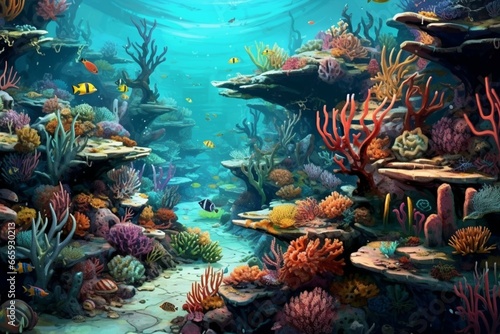 A beautiful scene of lakes, sea, coral reef, and diverse marine organisms. Generative AI © Annelise