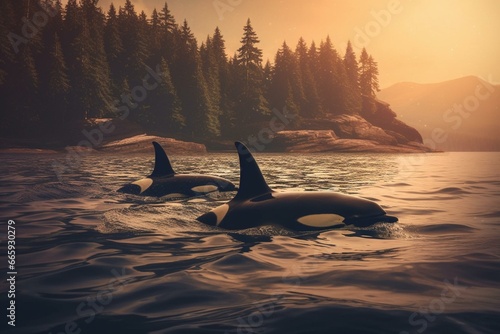 Orcas swimming in the sea. Generative AI © Matej
