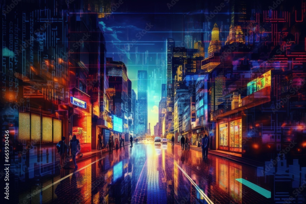 Naklejka premium artificial intelligence AI data city with neon light background