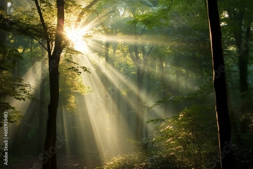 Gorgeous rays streaming through foliage. Generative AI © Dariel