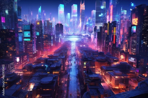 artificial intelligence AI data city with neon light background