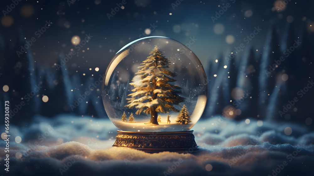 Snow globe with christmas tree inside. Christmas and New Year concept Snow globe with christmas tree inside. Christmas and New Year concept