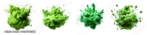 Set of powder explosion green ink splashes, Colorful paint splash elements for design, isolated on white and transparent background