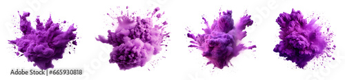 Set of powder explosion purple ink splashes, Colorful paint splash elements for design, isolated on white and transparent background