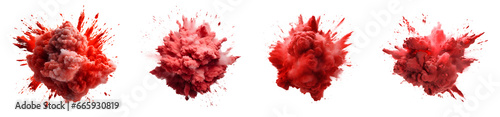 Set of powder explosion red ink splashes, Colorful paint splash elements for design, isolated on white and transparent background