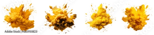 Set of powder explosion yellow ink splashes, Colorful paint splash elements for design, isolated on white and transparent background photo