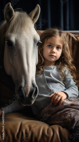 A Caucasian toddler girl sitting on a couch with a horse, copy space