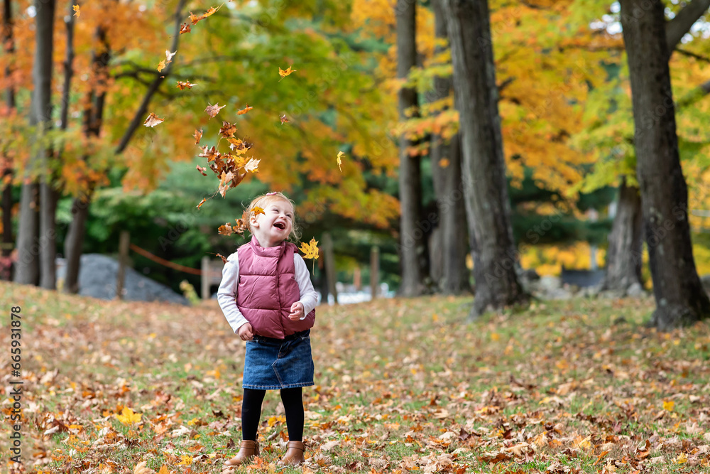 Little girl laughing while leaves are falling around her Little girl laughing while leaves are falling around her