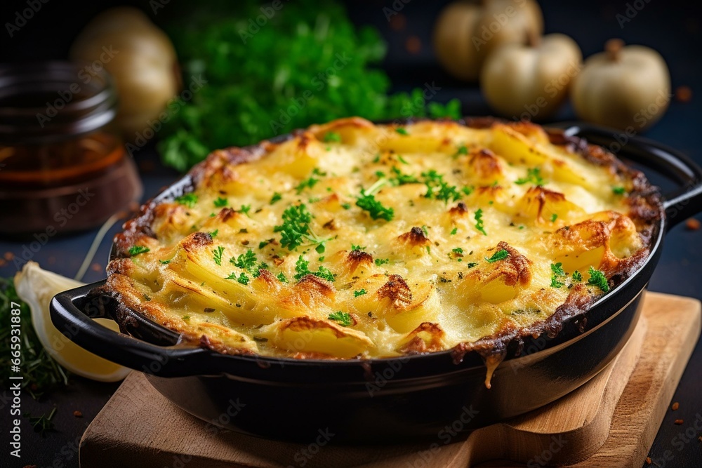 Delicious potato gratin shepherds pie topped with cheese. Generative AI - obrazy, fototapety, plakaty 