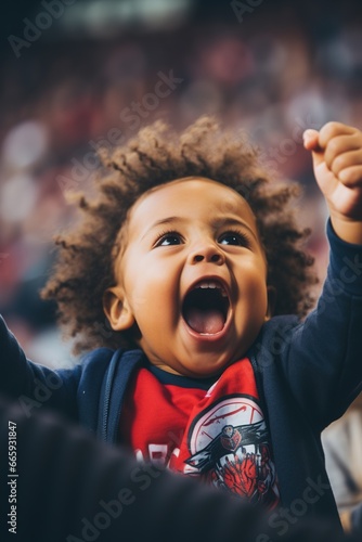 A cheering afro american toddler child at a basketball game, copy space