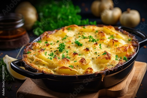 Delicious potato gratin shepherds pie topped with cheese. Generative AI photo