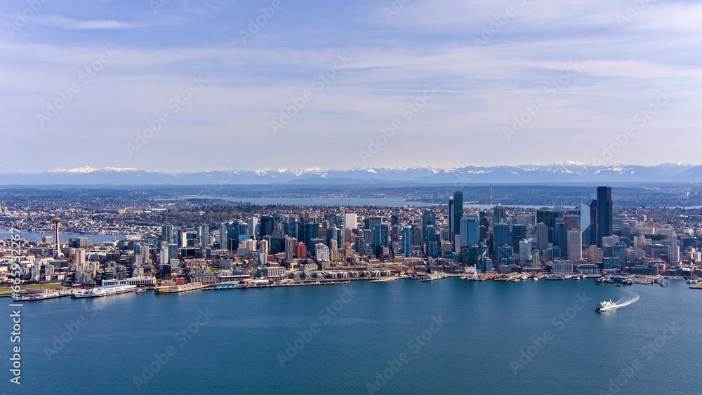 Aerial view of the Seattle skyline and Elliot Bay