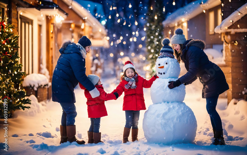 happy two lesbian Mothers, sister smiley daughter kids doing snowman, stand near home. young Mom, boy girl enjoying in winter evening. Christmas time. Winter season. three person family. Generative ai
