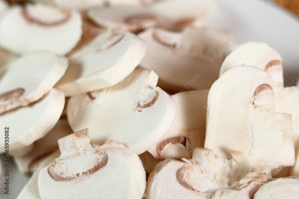 Mushroom slices. Making Chicken, Cheese and Leek Parcel Series.