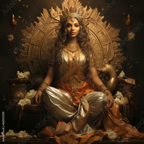 A Lakshmi goddess adorned in gold sitting on a majestic throne