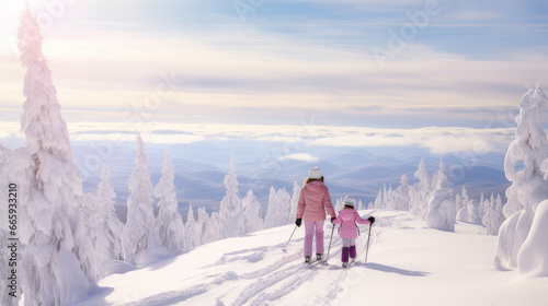 Happy mother and little daughter walk through snow-capped mountains with a beautiful landscape at a ski resort, during vacation and winter holidays. © ALA