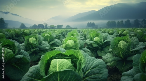 Background witn Big cabbage field. Ripe harvest on a Farm or Greenhouse. © Nataliya