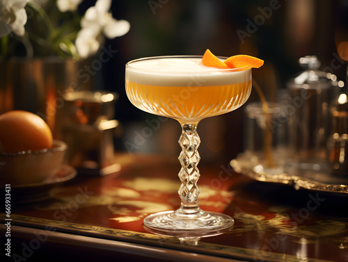 Cocktail with orange in a glass on a golden background. photo