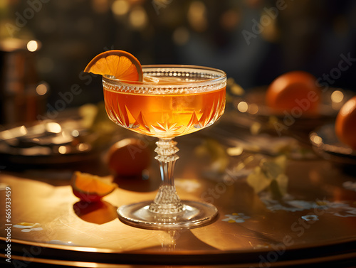 Cocktail with orange in a glass on a golden background.