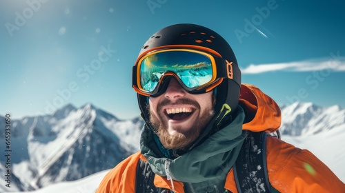 Portrait of a happy, smiling male snowboarder against the backdrop of snow-capped mountains at a ski resort, during vacation and winter holidays. © ALA