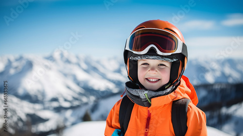 Portrait of a happy, smiling child snowboarder against the backdrop of snow-capped mountains at a ski resort, during the winter holidays. © ALA