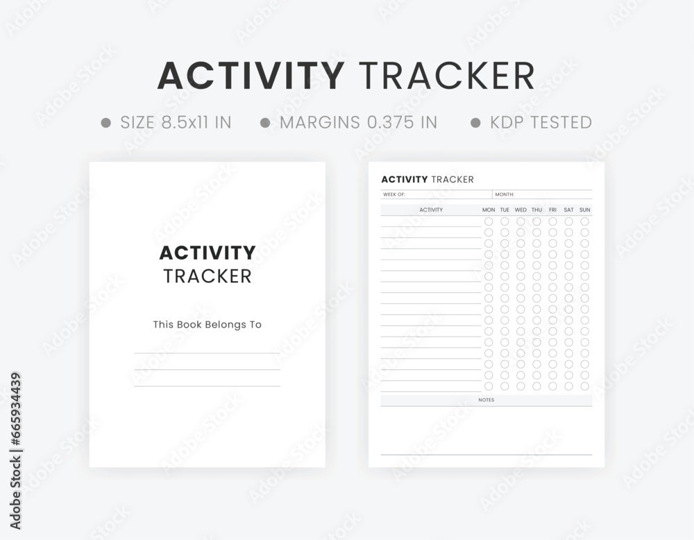 Printable Weekly Activity Tracker Log Book Template Design. Minimalist Daily Track Activities Low Content Planner Book Design - obrazy, fototapety, plakaty 