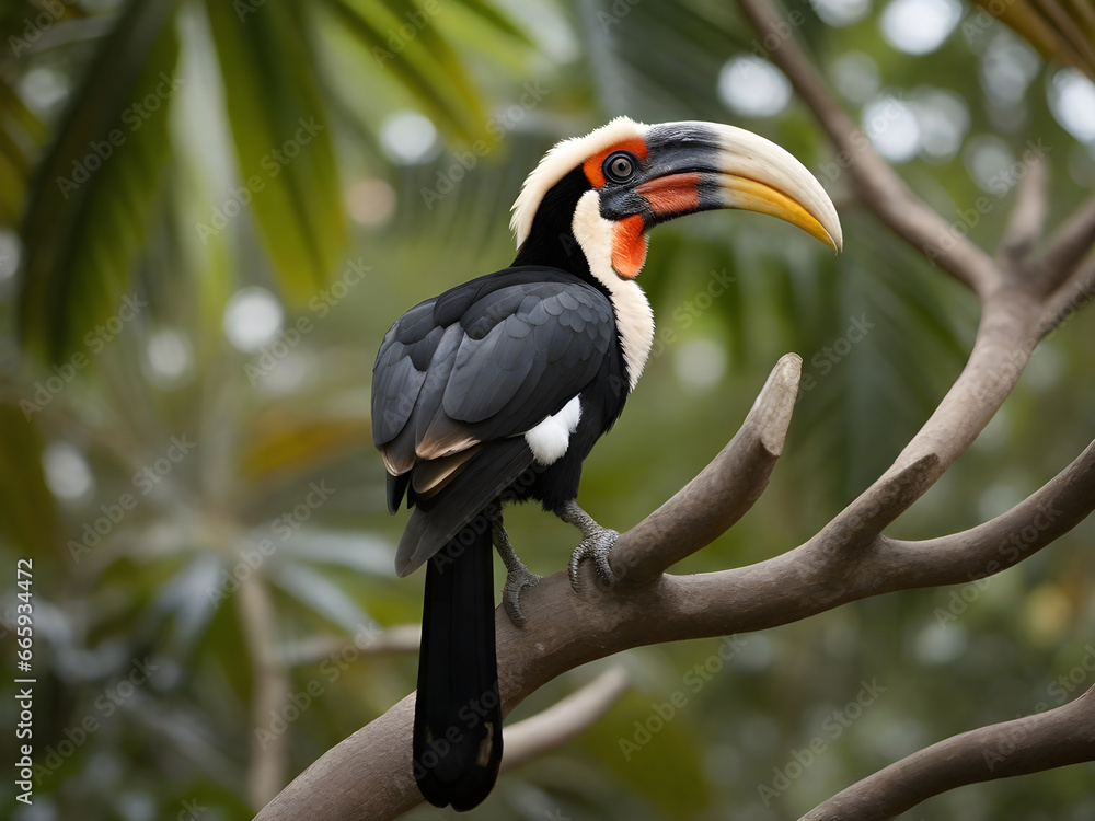 Naklejka premium Hornbills are a family of bird found in tropical and subtropical Africa, Asia and Melanesia. They are characterized by a long, down-curved bill which is frequently brightly coloured and sometimes has 