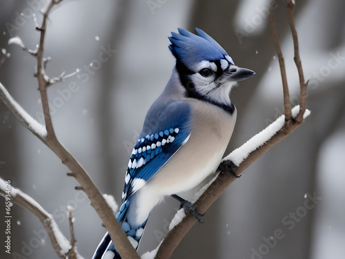 The blue jay sitting at the branch in the forest. It is a passerine bird in the family Corvidae, native to eastern North America.