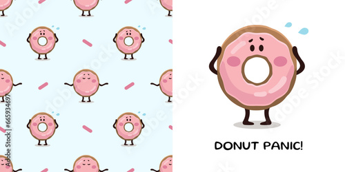 Donut in panic in cartoon style for designing baby clothes. Postcard with Pink Doughnut and seamless pattern, lettering. Cartoon Bohemian nursery print. Kids design for pajamas. Vector illustration.