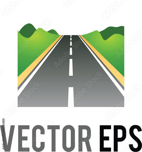 Vector car highway road icon with green mountains from person perspective