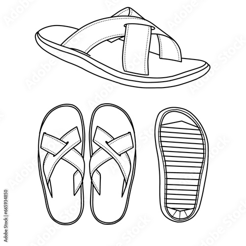 Template vector Slippers Line art hand drawn collection, vector sketch illustration, isometric, top, and bottom view,suitable for your custom Slippers design, isolated on white background