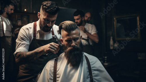 Barber using scissors and comb. Man with beard getting haircut in barber shop. Modern hair salon concept.
