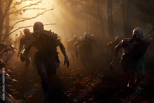 group of zombies running in forest at morning. Neural network generated image. Not based on any actual person or scene. © lucky pics