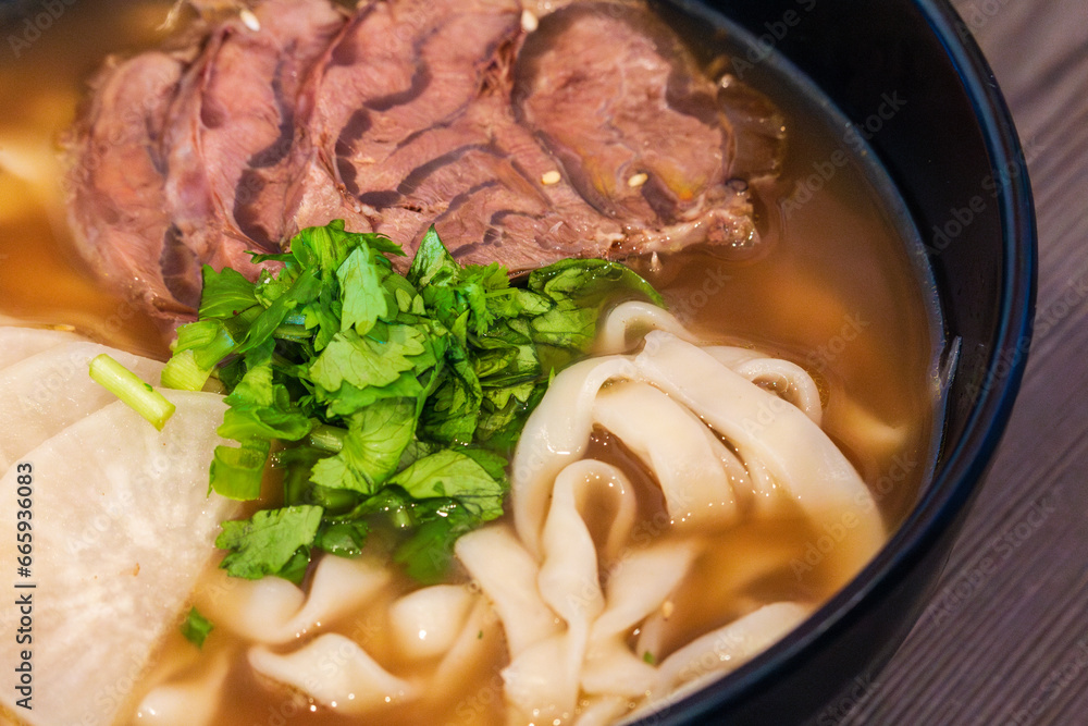 close-up Chinese beef noodle soup