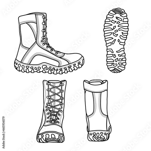 Template vector Tactical Boots hand drawn, vector sketch illustration, side, front, rear and bottom view,suitable for your custom army leather boots design, isolated on white background