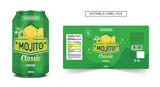 Mojito drink can label design Lemon Peppermint drink label, cocktail label design. Soda can vector, Energy drink mocktail, soft drink label template editable vector mojito design