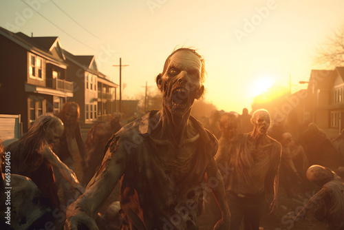 group of zombie at small town street at sunset or sunrise. Neural network generated image. Not based on any actual person, scene or pattern. photo