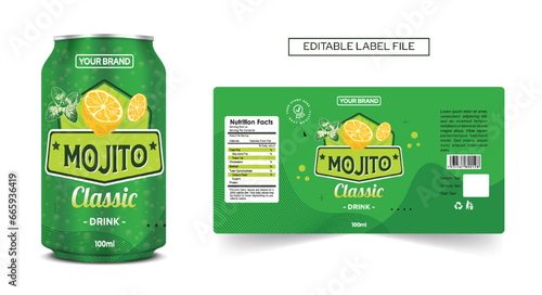 Mojito drink can label design Lemon Peppermint drink label, cocktail label design. Soda can vector, Energy drink mocktail, soft drink label template editable vector mojito design