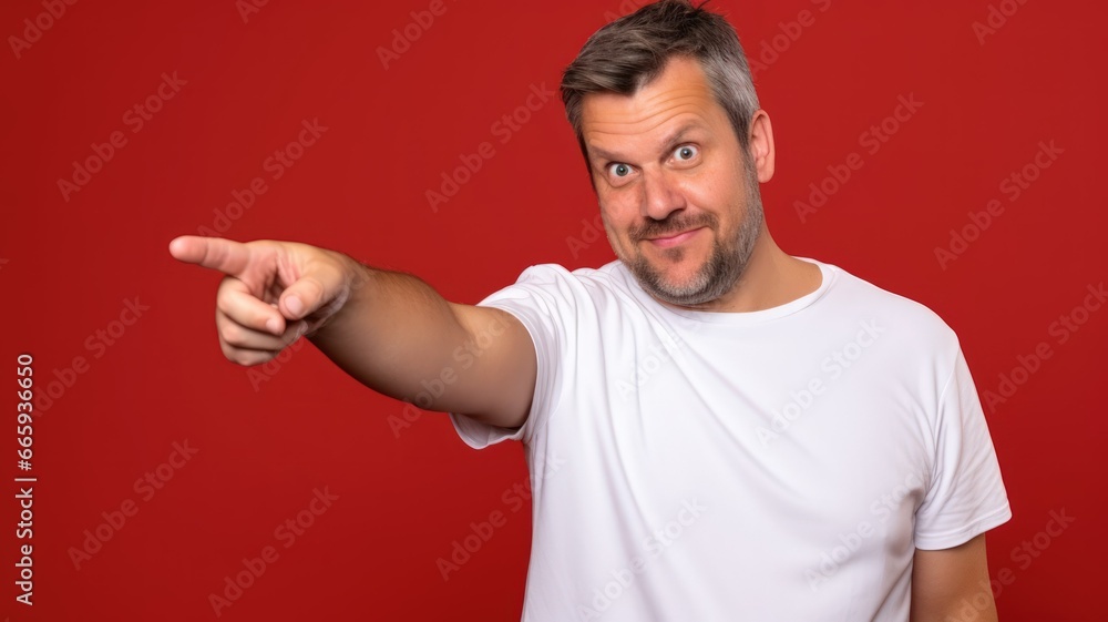 Fictional Model Pointing Finger. Isolated on a plain colored background. Generative AI. Fictional Model Pointing Finger. Isolated on a plain colored background. Generative AI.