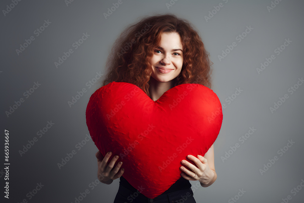 smiling Caucasian curly red haired woman holding big red heart on gray background. Not based on any actual person, or scene smiling Caucasian curly red haired woman holding big red heart on gray background. Not based on any actual person, or scene