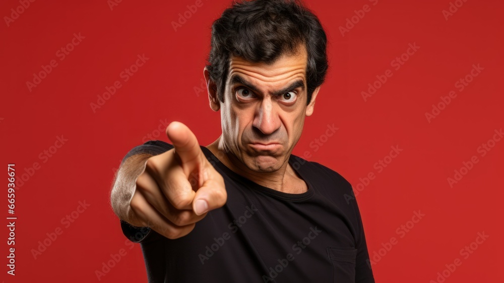 Fictional Model Pointing Finger. Isolated on a plain colored background. Generative AI. Fictional Model Pointing Finger. Isolated on a plain colored background. Generative AI.
