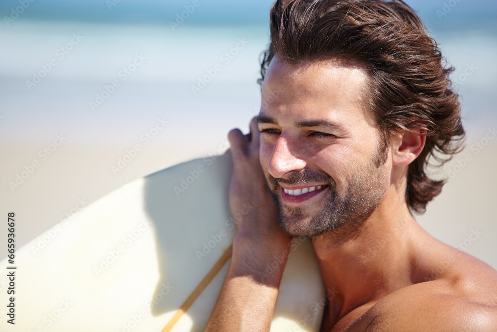 Beach face, sports man and surfer happiness for holiday adventure, travel vacation or nature freedom, wellness or surfing. Surfboard, break and summer athlete, surfer or person look at ocean sea view